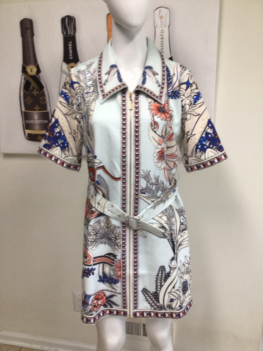 Dalia MacPhee Floral Print Short Sleeve Belted Dress - Light Blue, Navy, Coral